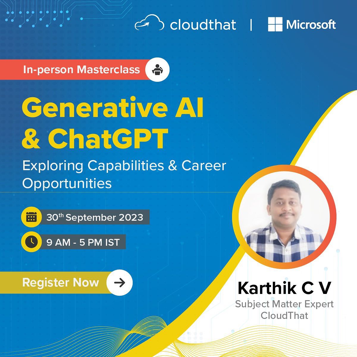 Join our in-person Masterclass where you will learn about Generative AI and ChatGPT. You'll also get to explore different career possibilities in this field with our Subject Matter Expert, Karthik C V.

By the end of the session, you will:

1. Learn the fundamentals of Generative AI.

2. Find out what ChatGPT can do in the world of generating human-like text.

3. See practical examples of how Generative AI and ChatGPT are used to solve complex problems.

4. Discover the various job opportunities available in Generative AI and natural language processing.
@Microsoft

#GenerativeAI #ChatGPT #Masterclass #AIeducation #CareerOpportunities #NaturalLanguageProcessing #AIWorkshop #TechTraining #AIInnovation #MachineLearning #CareerDevelopment #AIExperts #RealWorldExamples #AIJobs #TechEvent #LearnAI #AICommunity #FutureTech #AIExploration #AIInPersonEvent