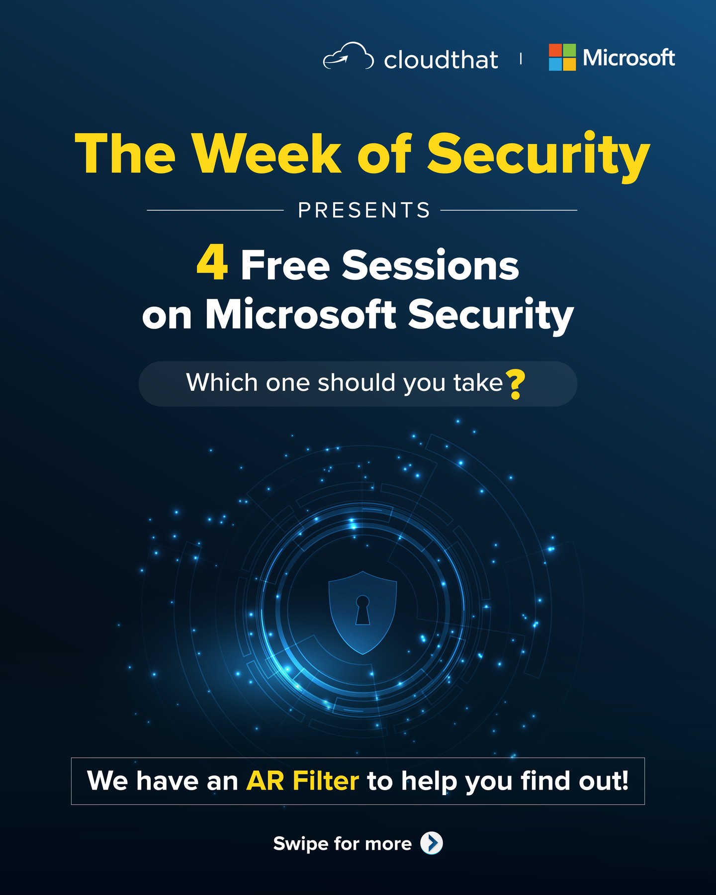 Want to be a part of @microsoft's Week of Security but confused about which session to opt for? Don't worry! Our newest AR filter can help you find out. Just follow the rules, click, and DM us that picture. But that's not all; we'll send you the link to the free training of your choice. Sounds interesting? Participate now!

#microsoftsecurity #certified #arfilter #freetraining #cybersecurity