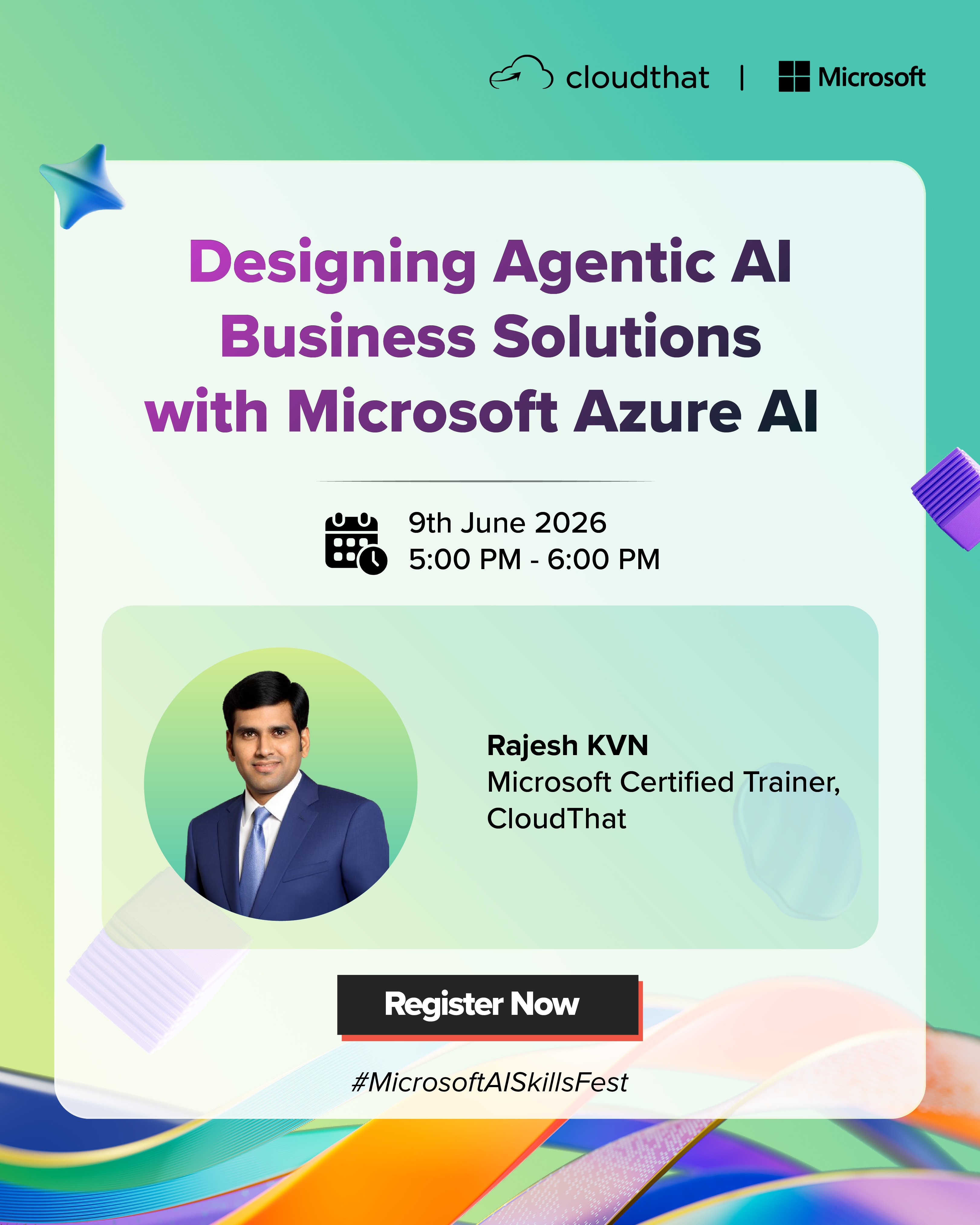 AI is no longer just about conversations, it’s about systems that can reason, automate tasks, and drive real business decisions. And as part of the Microsoft AI Skills Fest, we’re bringing you an exclusive LinkedIn Live session focused on building enterprise-grade Agentic AI solutions using Microsoft Azure AI Services.

Learn about:
✔ Agentic AI fundamentals & enterprise use cases
✔ Azure OpenAI, AI Studio & AI Foundry
✔ Multi-agent orchestration & AI architecture
✔ Prompt engineering, Copilot & RAG concepts
✔ Responsible AI, governance & deployment best practices
✔ AB-100 certification guidance for AI solution architects

Plus:
- Live AI demos
- Microsoft & CloudThat co-branded certificate
- Live Q&A with a Microsoft Certified Trainer
- Chance to win Amazon vouchers
- Get your AI Skills Fest Credly badge 

To register and take the next step toward becoming an enterprise AI solution architect click on the link in bio

@microsoft | @microsoftlearn 

#MicrosoftAISkillsFest #AgenticAI #AzureAI #MicrosoftAzure #AzureOpenAI #ArtificialIntelligence #AIEngineering #EnterpriseAI #GenerativeAI #CloudComputing