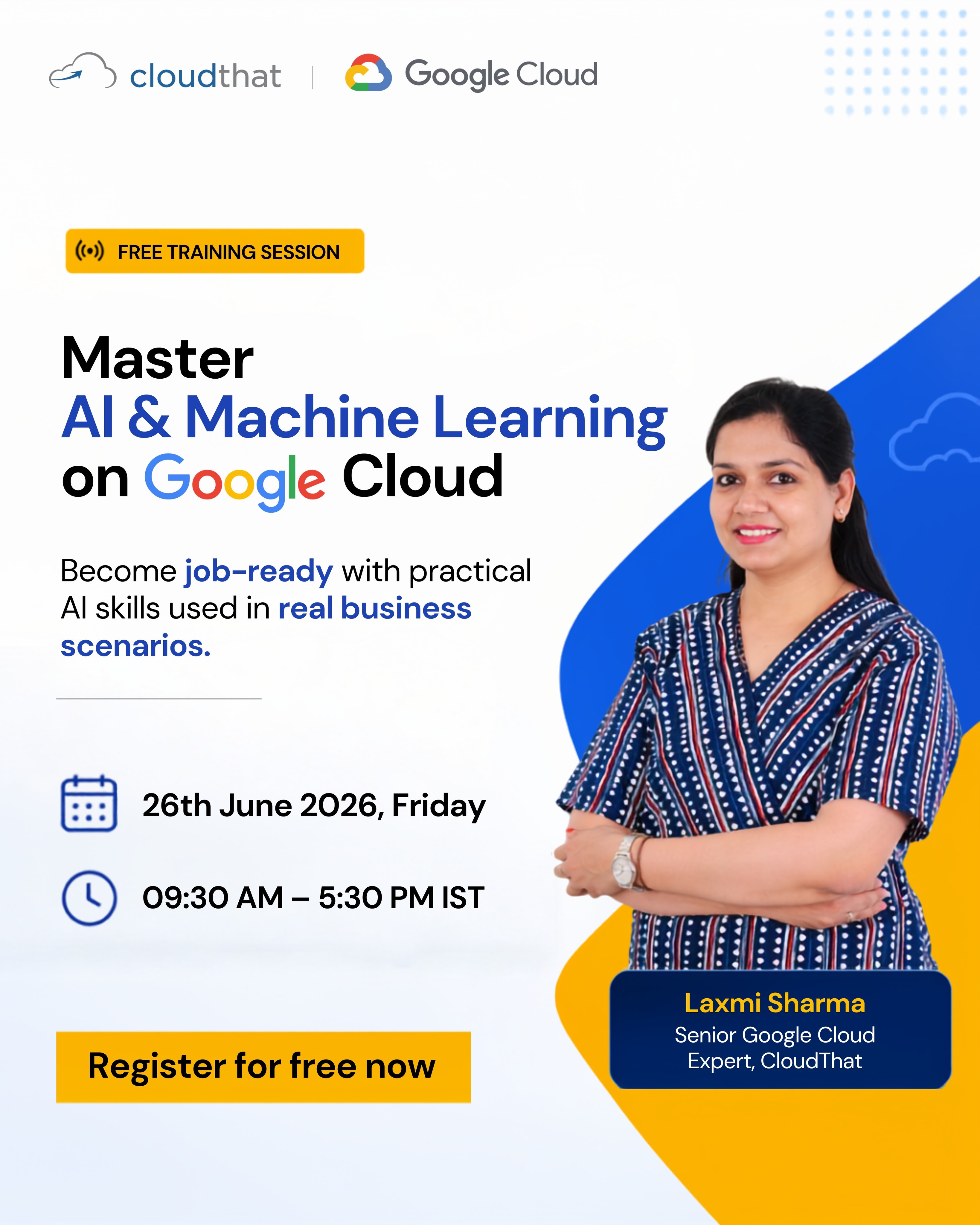 AI is reshaping the future. Are you ready to be part of it?

Whether you're a student, tech professional, or simply curious about the world of AI, this FREE training session is your gateway to understanding the technologies transforming every industry today.

Join us for an engaging session on Introduction to AI and Machine Learning on Google Cloud and discover how organizations are using AI to innovate, automate, and solve real-world challenges.

What you'll gain:

✅ A clear understanding of AI and Machine Learning fundamentals

✅ Insights into Google Cloud's AI and ML ecosystem

✅ Real-world use cases across industries

✅ The AI development and deployment lifecycle explained

✅ Career pathways and opportunities in the AI era

✅ Expert guidance from industry professionals

Don't just watch the AI revolution happen—learn the skills and concepts that are driving it.

Reserve your free spot today and take the first step into the world of AI.

To register, click on the link in bio.

@googlecloud 

#GoogleCloud #ArtificialIntelligence #MachineLearning #AI #CloudComputing #TechTraining #CareerGrowth #FutureOfWork